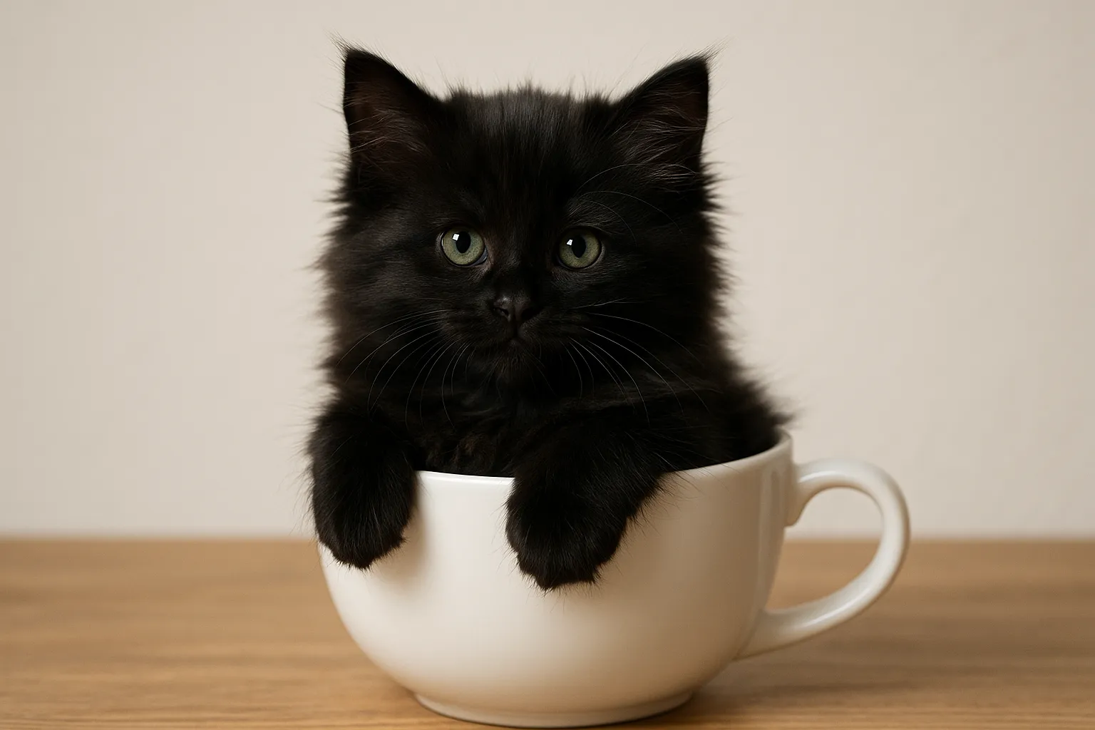 ティーカップに入った可愛い黒ラガマフィンの画像｜黒い毛並みがとても美しいラガマフィンの子猫が、ティーカップに可愛く収まっています。黒毛の深い色合いと目の輝きが印象的で、「ティーカップに入った可愛い」瞬間がとても神秘的で魅力的です。