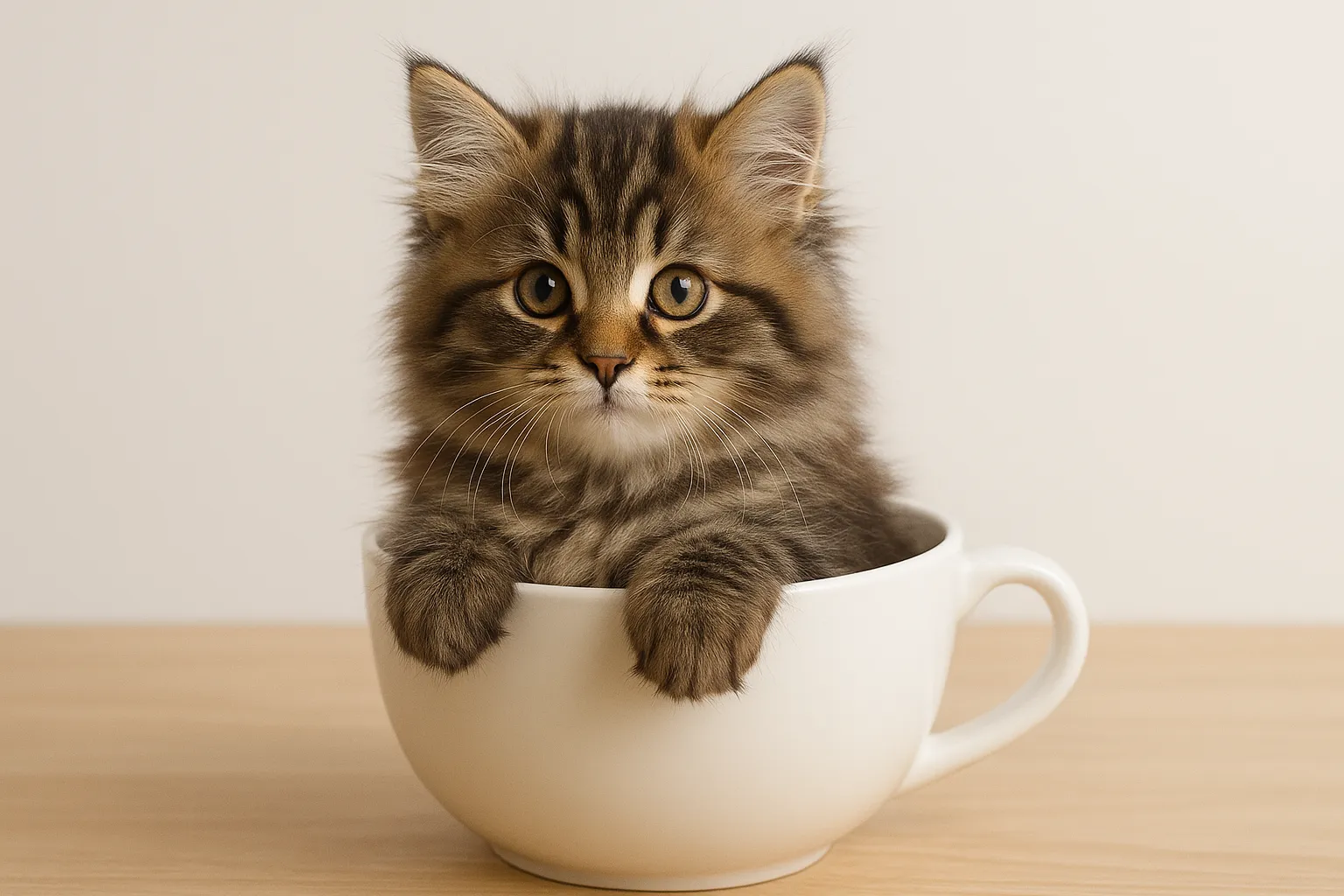 ティーカップに入った可愛いサイベリアンの画像｜サイベリアンキャットの子猫がティーカップに収まり、やわらかな毛と愛らしい目元が特徴です。ボリューム感のある毛並みと大きな目が印象的で、「ティーカップに入った可愛い」シーンが心を癒してくれます。