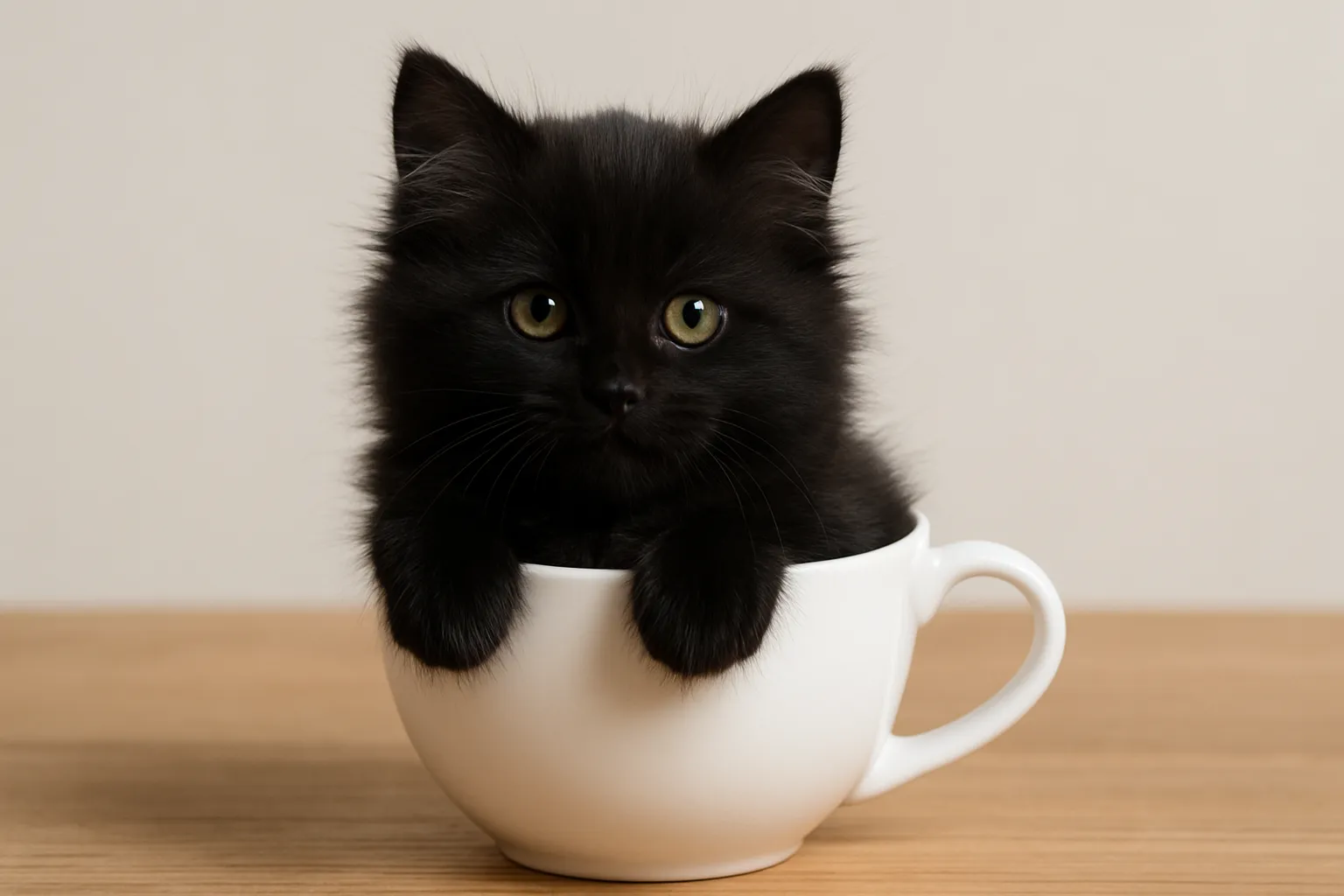 ティーカップに入った可愛い黒サイベリアンの画像｜黒い毛が美しいサイベリアンキャットの子猫が、ティーカップにぴったりおさまっています。艶やかな黒毛と大きな目が、深い魅力を引き立て、「ティーカップに入った可愛い」瞬間が特別なものになります。