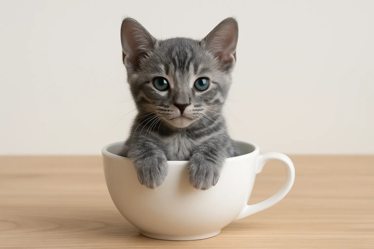 ティーカップに入った可愛いベンガルブルーの画像｜ベンガルブルーの子猫がティーカップにちょこんと入っている愛らしい姿を描いた画像。柔らかな毛並みと輝くブルーの瞳が特徴的で、まるでぬいぐるみのように可愛い。穏やかな雰囲気の中で、ティーカップに入った可愛いがそのまま表現されています。