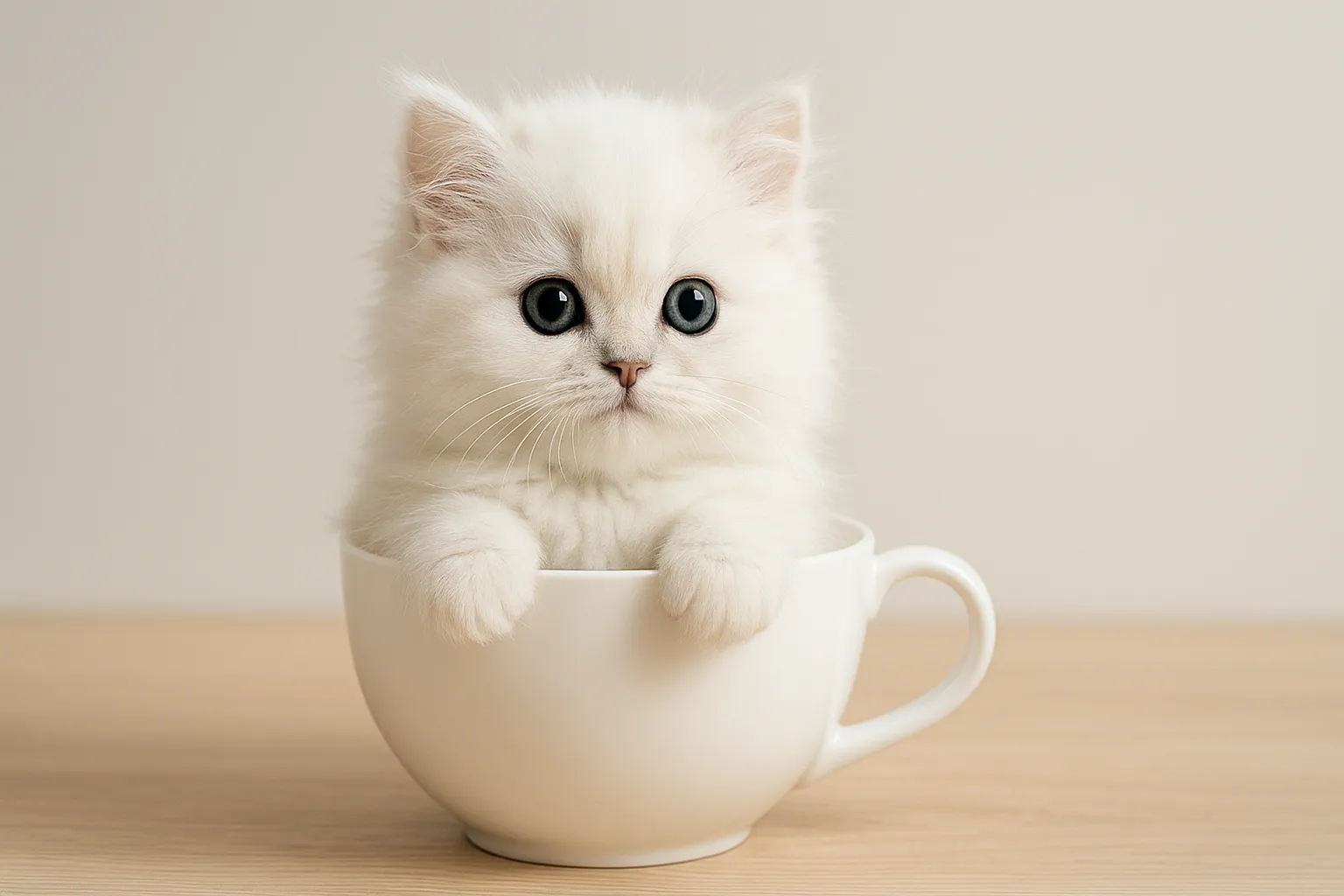 ティーカップに入った可愛い白チンチラの画像｜白チンチラ猫の子猫がティーカップに座って、まるでぬいぐるみのように可愛く写っています。ふわふわの毛並みと大きな瞳が特徴的で、シンプルな背景がその愛らしさを一層引き立てています。ティーカップに入った可愛い姿が優雅さを感じさせます。