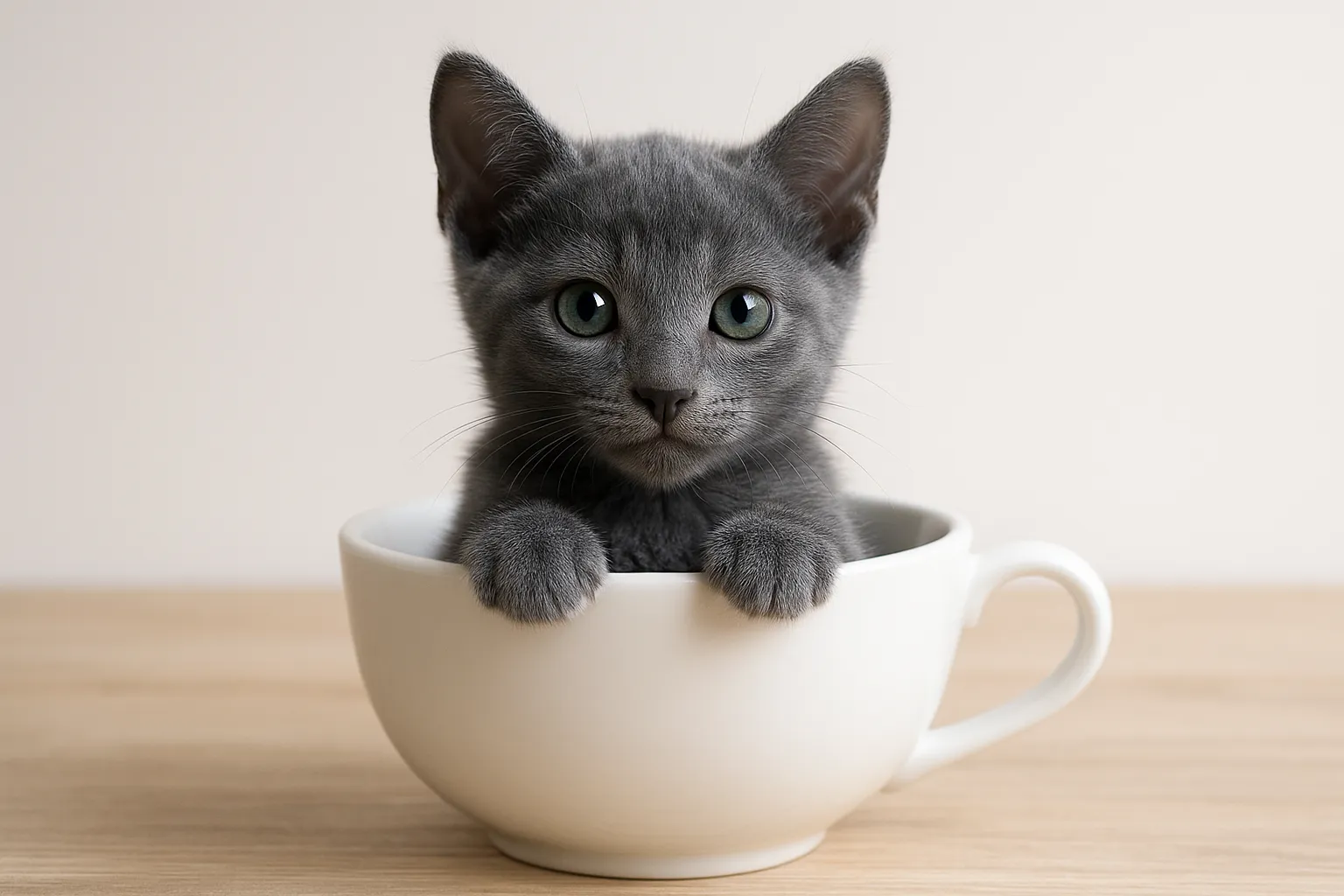 ティーカップに入った可愛いロシアンブルーの画像｜ロシアンブルーの子猫がティーカップに収まり、落ち着いた表情でこちらを見つめています。毛色の美しいグレーときれいな緑の瞳が特徴で、シンプルな背景の中でその美しさを引き立てる「ティーカップに入った可愛い」シーンが完璧に表現されています。