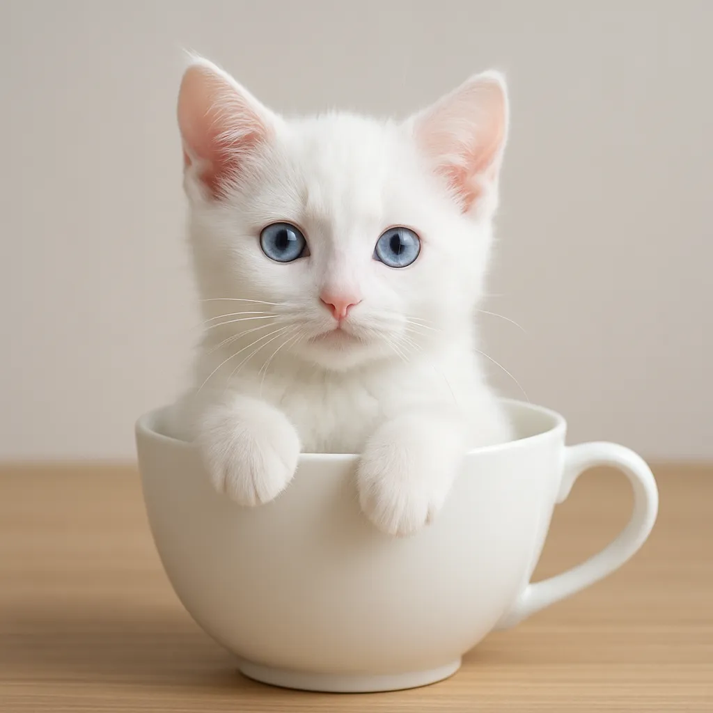 ティーカップに入った可愛い白ロシアンブルーの画像｜白ロシアンブルーの子猫がティーカップにちょこんと座り、純白の毛並みと大きな青い目で魅力的な表情を浮かべています。静かな背景とともに、ティーカップに入った可愛いその姿が上品で優しい雰囲気を与えます。