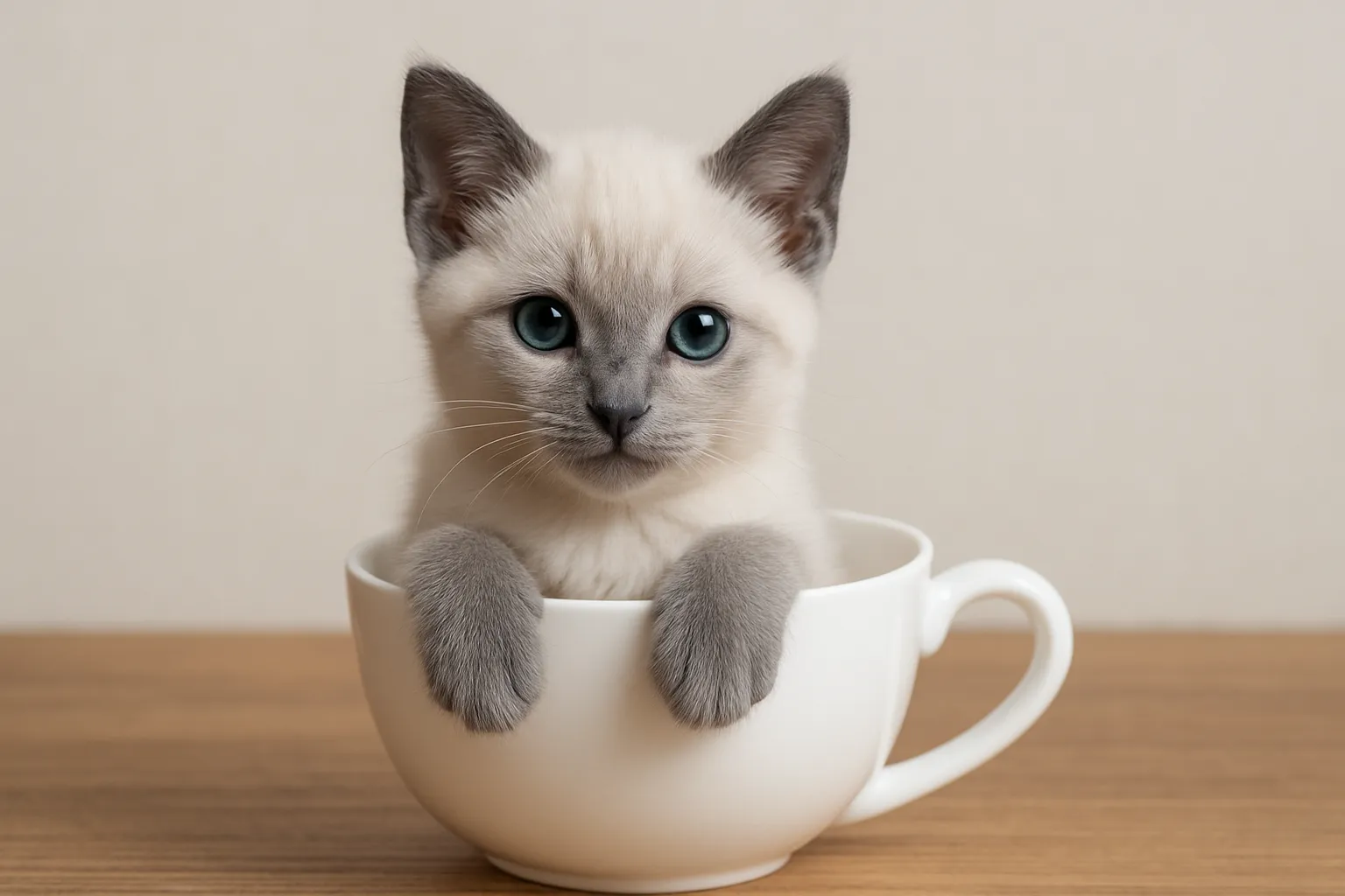 ティーカップに入った可愛いロシアンブルーブルーポイントの画像｜ロシアンブルーブルーポイントの子猫がティーカップに収まり、青い瞳を輝かせながらじっと見つめています。毛並みのグラデーションと、シンプルな背景がその美しさを引き立て、ティーカップに入った可愛い姿が温かみを感じさせます。