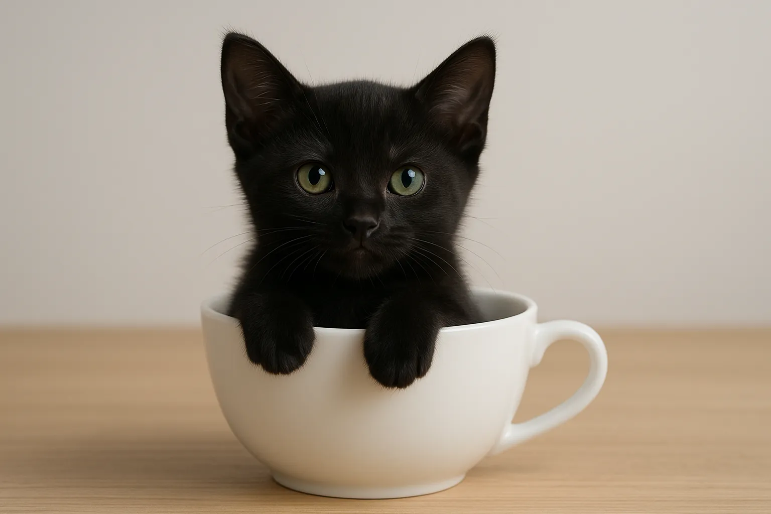 ティーカップに入った可愛い黒ロシアンブルーの画像｜黒ロシアンブルーの子猫がティーカップにちょこんと収まり、深い緑色の目でこちらを見つめています。特徴的な暗い毛色と静かな背景がその魅力を際立たせ、ティーカップに入った可愛い姿が穏やかな印象を与えます。