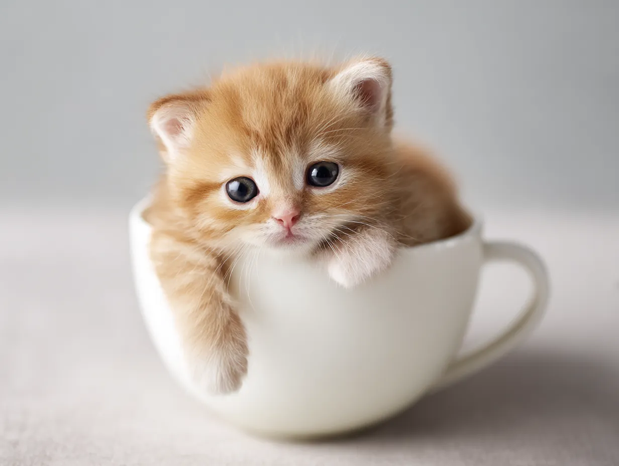 ティーカップに入った可愛い茶トラの画像｜この「ティーカップに入った可愛い茶トラの画像」は、温かみのある茶色い毛並みが特徴で、明るい表情が魅力的です。猫の柔らかな毛と丸い目が、優しい印象を与え、シンプルでふんわりとした背景が猫の可愛さを際立たせています。