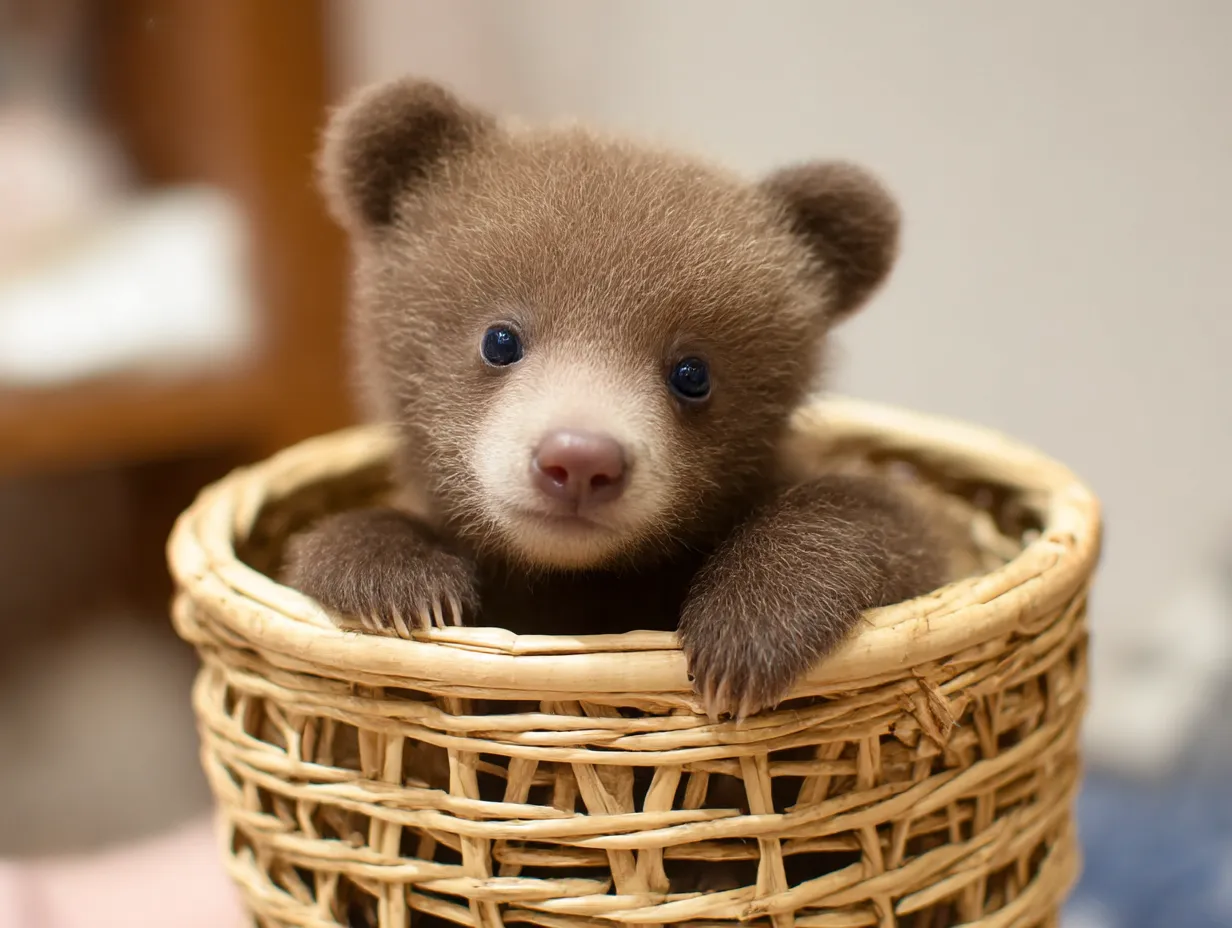 かごに入った可愛いクマの画像｜小さなクマの赤ちゃんがティーカップに入って、愛らしい目でこちらを見つめています。ふわふわの毛と小さな耳が特徴で、ティーカップに入った可愛い姿が非常にキュートです。シンプルで温かみのある背景が、その可愛さをさらに引き立てています。