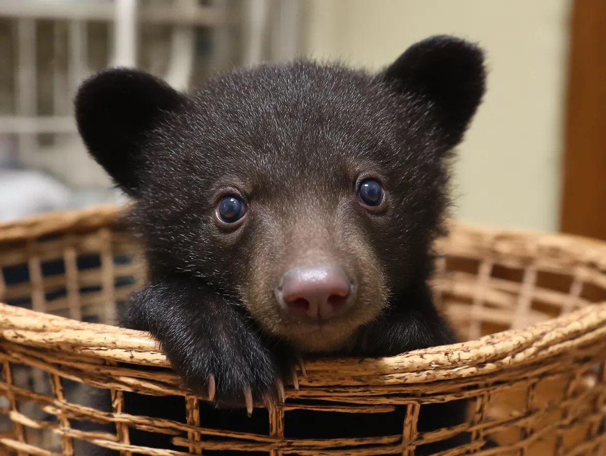 かごに入った可愛いツキノワグマの画像｜ツキノワグマの赤ちゃんがティーカップの中でおとなしくしています。ふわふわの毛並みが特徴的で、柔らかい茶色と黒色が絶妙に混ざり合っています。小さな目がキラリと輝き、全体に愛らしい雰囲気が漂っています。ティーカップの中でリラックスしている姿は、見る者を癒してくれるでしょう。