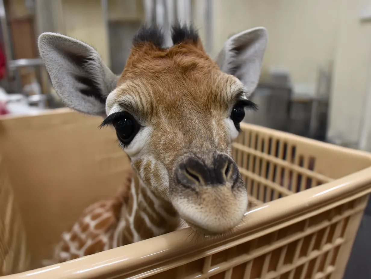 かごに入った可愛いキリンの画像｜キリンの赤ちゃんがティーカップに収まり、長い首を伸ばしてキョロキョロと周りを見ています。小さな足と大きな目が特徴的で、茶色と白の斑点模様が美しく映えます。ティーカップの中に入っている姿がまるで小さなぬいぐるみのようで、キリンらしい優雅さを感じさせつつも、可愛らしさを感じさせるデザインです。