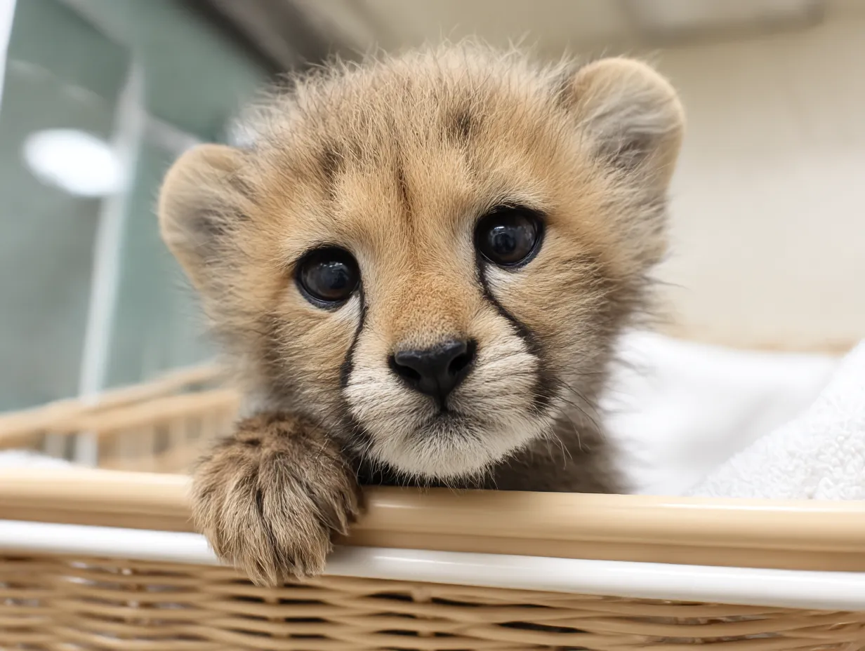 かごに入った可愛いチーターの画像｜チーターの赤ちゃんがティーカップにおさまり、長い足と美しい斑点模様が特徴的です。その小さな顔がティーカップから少し出ており、優雅でありながらもキュートな印象を与えます。ティーカップの中に収まっている姿は、まるでぬいぐるみのようです。