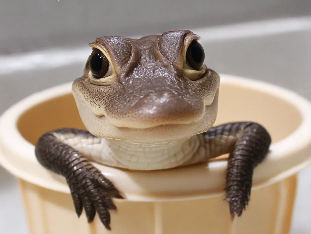 かごに入った可愛いワニの画像｜ワニの赤ちゃんがティーカップに入って、好奇心旺盛に周りを見回しています。小さな体と鋭い目が特徴で、茶色の皮膚が光沢感を持っています。ティーカップにちょこんと収まった姿は、そのギャップがとても愛らしく、見る人に微笑ましい印象を与えます。
