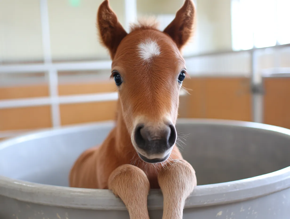 かごに入った可愛い馬の画像｜馬の赤ちゃんがティーカップに入って、可愛らしい大きな目でこちらを見ています。茶色の毛並みと白い顔が特徴的で、その小さな姿がティーカップの中に収まり、まるでぬいぐるみのよう。優雅で愛らしい印象を与え、見ているだけで癒されます。