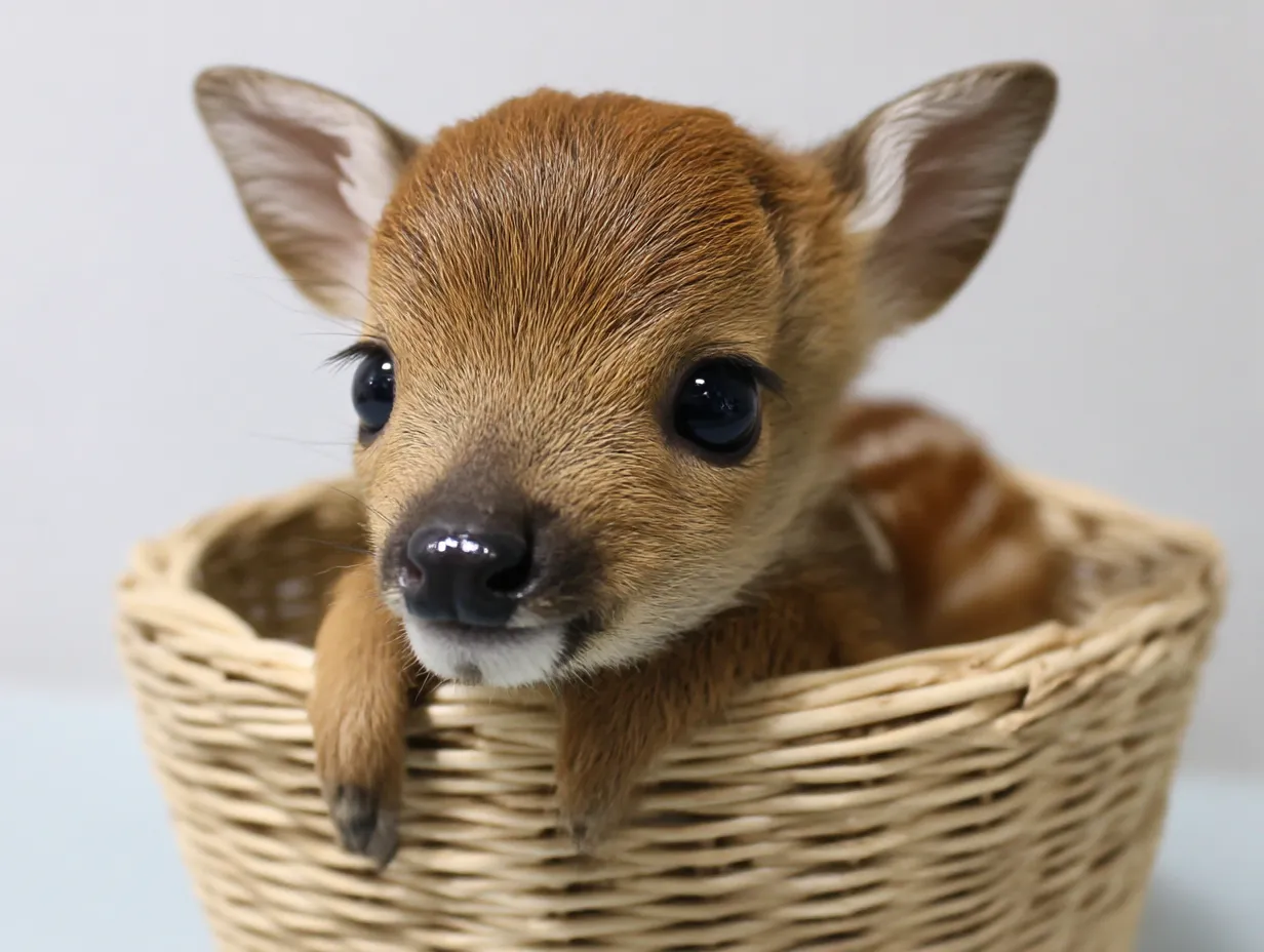 かごに入った可愛い鹿の画像｜鹿の赤ちゃんがティーカップに入って、優しげな目で見つめています。茶色の毛並みと小さな耳が特徴的で、ティーカップから少し顔を出している姿がとても可愛らしいです。ふわふわした毛と小さな体が、見る人々に優しい印象を与えます。