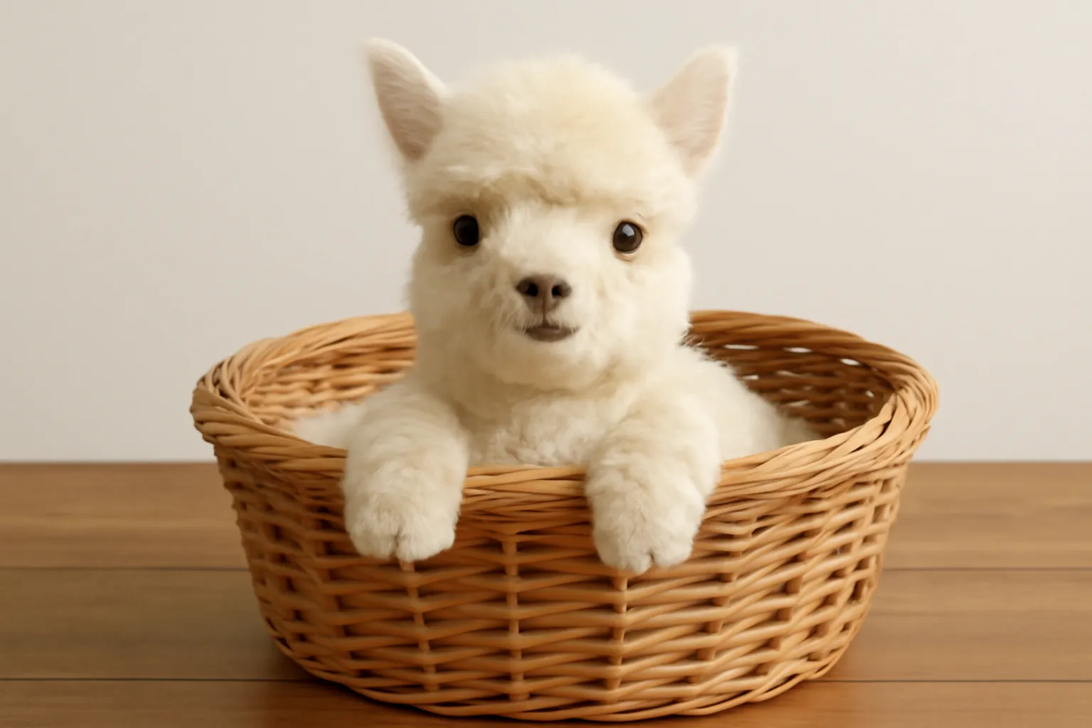 かごに入った可愛いアルパカの画像｜アルパカの赤ちゃんがティーカップに収まって、丸い目で見つめています。ふわふわの白い毛と、ぽっちゃりした体が可愛さを引き立てています。小さな足とふんわりした顔がティーカップからちょこっと見え、そのギャップが愛らしさをさらに増しています。