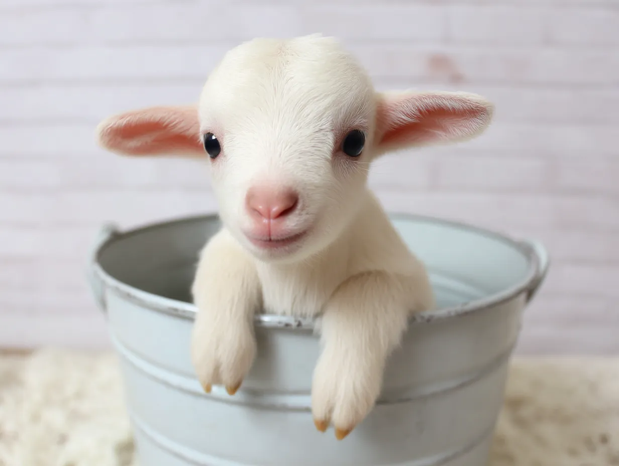かごに入った可愛いヤギの画像｜ヤギの赤ちゃんがティーカップにちょこんと座り、興味津々に見つめています。白い毛並みと大きな目が特徴的で、その小さな体がティーカップにぴったりと収まり、かわいらしい姿が印象的です。元気な目つきが、さらにその愛らしさを引き立てています。