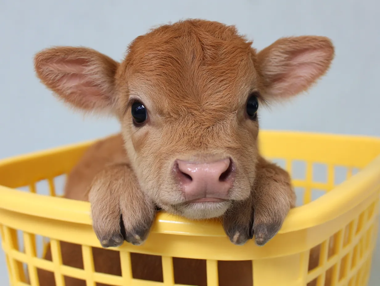 かごに入った可愛い牛の画像｜牛の赤ちゃんがティーカップに入って、目を大きく見開いています。茶色と白の毛が特徴で、その小さな体がティーカップに収まっている姿が非常にキュートです。牛らしい丸い鼻と大きな目が、見る人々に優しさと温かさを伝えてくれます。