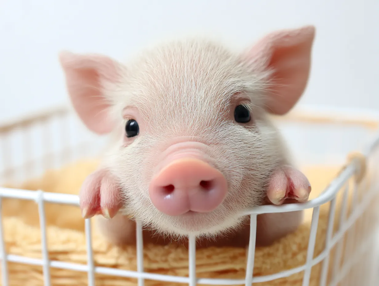 かごに入った可愛いぶたの画像｜ぶたの赤ちゃんがティーカップに入って、ピンク色の鼻と丸い目で愛らしくこちらを見つめています。小さな耳とふわふわの毛が特徴的で、テディベアのような可愛さを持ち合わせています。ティーカップにぴったり収まったその姿は、見る人に癒しと温かい気持ちを与えます。