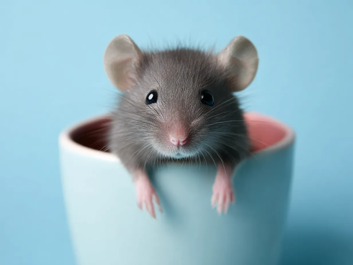 ネズミの赤ちゃんがかごに入った可愛い姿の画像｜ネズミの赤ちゃんがティーカップにちょこんと座り、丸い目と小さな耳が非常に可愛いです。柔らかい色合いとシンプルな構図で、シンプルながらも愛らしいデザインが、保育向けの絵本やアイテムに最適です。