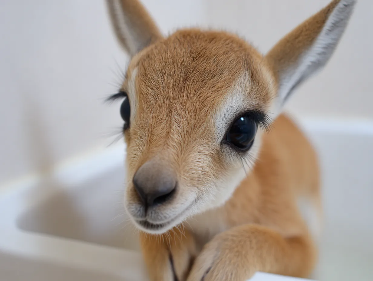 カンガルーの赤ちゃんがかごに入った可愛い姿の画像｜カンガルーの赤ちゃんがティーカップにすっぽり収まり、無邪気に見つめるシーンが描かれています。ほっこりとした色使いで、可愛らしい足と耳のディテールが引き立っています。丸みを帯びたシルエットと親しみやすい表情が、保育教材や子供向け素材に最適です。