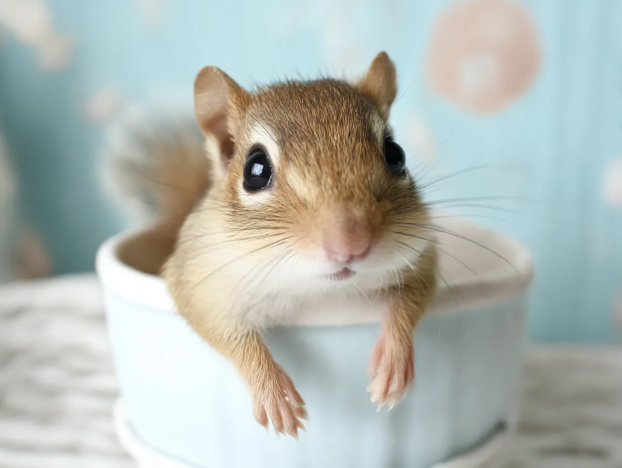 リスの赤ちゃんがティーカップに入った可愛い姿の画像｜リスの赤ちゃんがティーカップにちょこんと座り、その小さな手と愛らしい表情が特徴的なイラストです。特徴的な大きな目とふさふさした尾が魅力的で、木の実を食べているシーンをイメージさせます。保育素材や動物園のポスターに最適です。