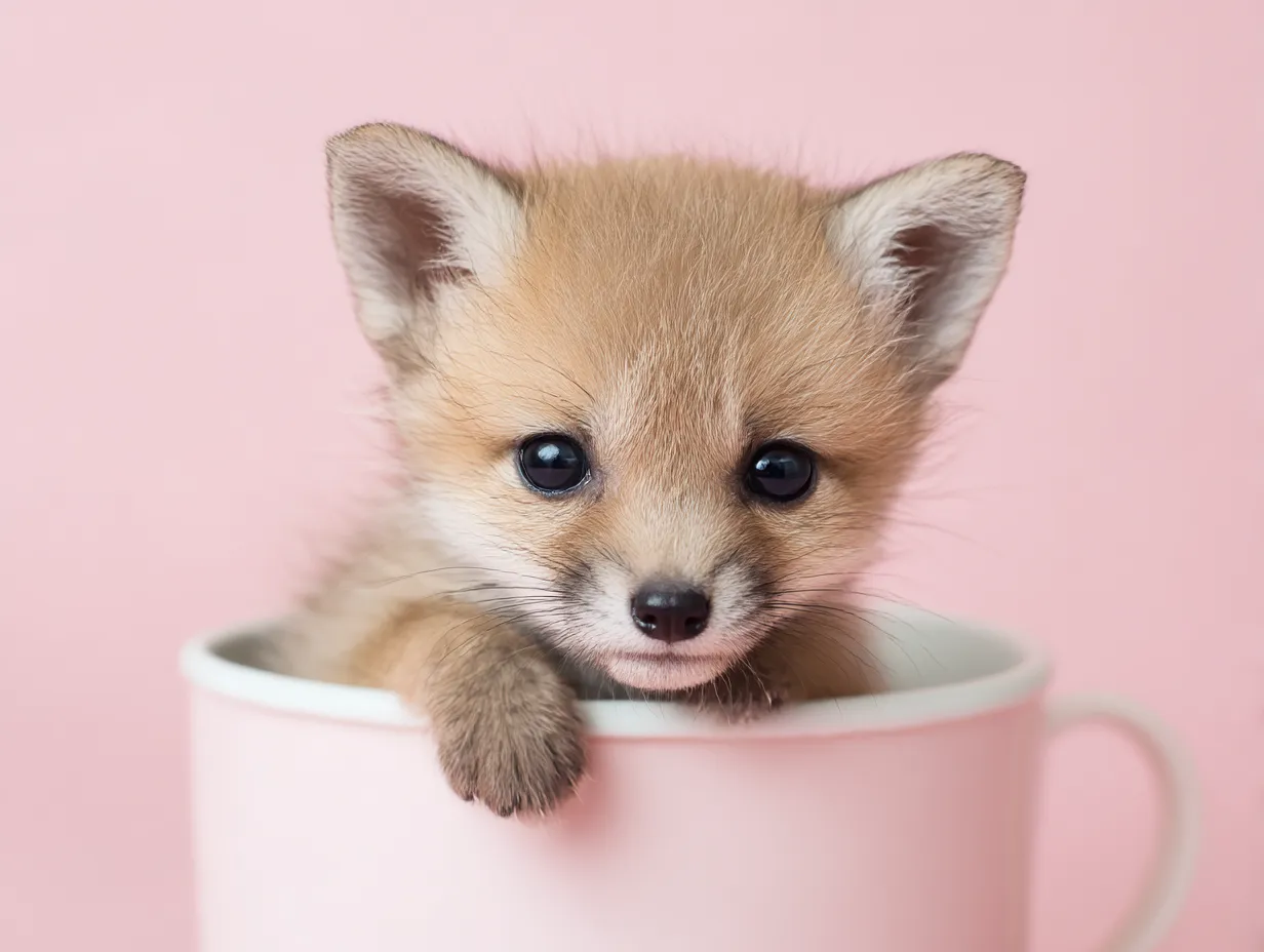 キツネの赤ちゃんがかごに入った可愛い姿の画像｜キツネの赤ちゃんがティーカップに収まるシンプルで可愛いイラストです。鮮やかなオレンジ色の毛がティーカップの白さと調和し、目元が魅力的に描かれています。手描き風の線で、柔らかな雰囲気を与え、子ども向けのアイテムやカードに適しています。
