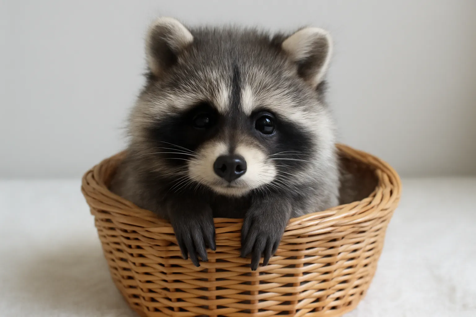 たぬきの赤ちゃんがかごに入った可愛い姿の画像｜たぬきの赤ちゃんがティーカップに座っている、のんびりとした様子が描かれたイラストです。小さな足と丸い体が、愛らしくてほっこりとした印象を与えます。まん丸な目と穏やかな表情が特徴的で、ぬいぐるみや絵本のキャラクター素材としても最適です。