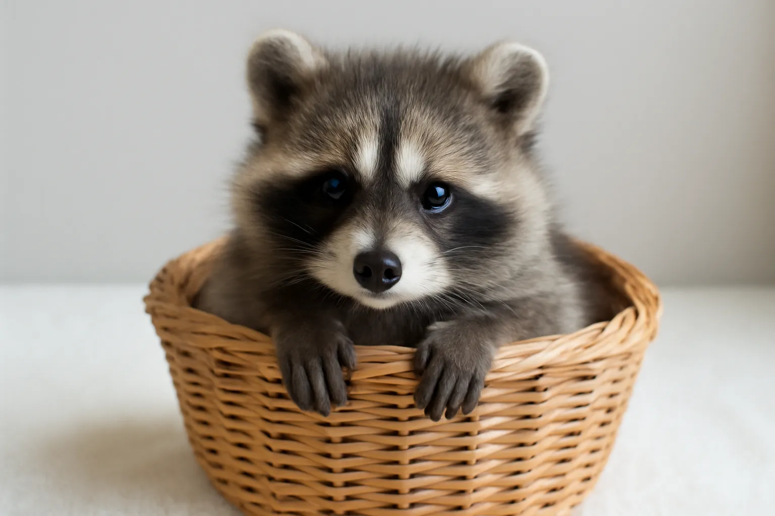 アライグマの赤ちゃんがかごに入った可愛い姿の画像｜アライグマの赤ちゃんがティーカップに丸まっている姿が描かれた可愛らしいイラストです。特徴的な目と黒いストライプ模様が印象的で、まるでぬいぐるみのように愛らしいです。柔らかな色合いとシンプルな構図が、子ども向けアイテムや絵本にぴったりな素材です。