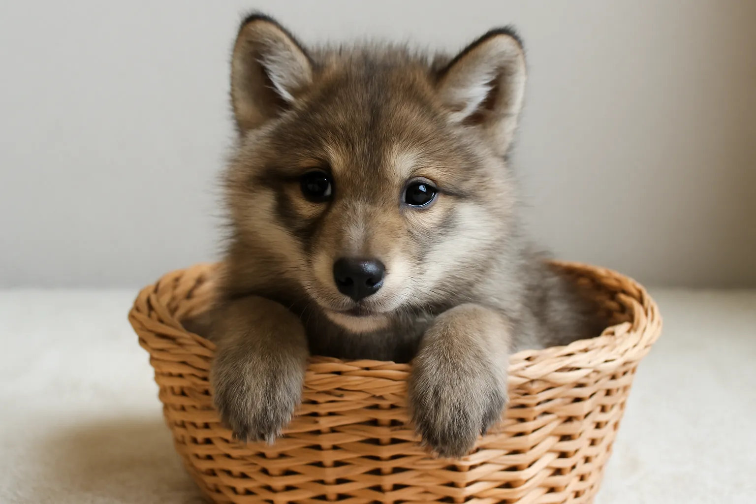 狼の赤ちゃんがかごに入った可愛い姿の画像｜狼の赤ちゃんがティーカップに収まり、警戒心を抱いた表情が特徴的です。ふわふわの毛並みと鋭い目が、ティーカップに入った姿を引き立てています。ややリアル寄りの表現が、保育教材やイラスト素材におすすめです。