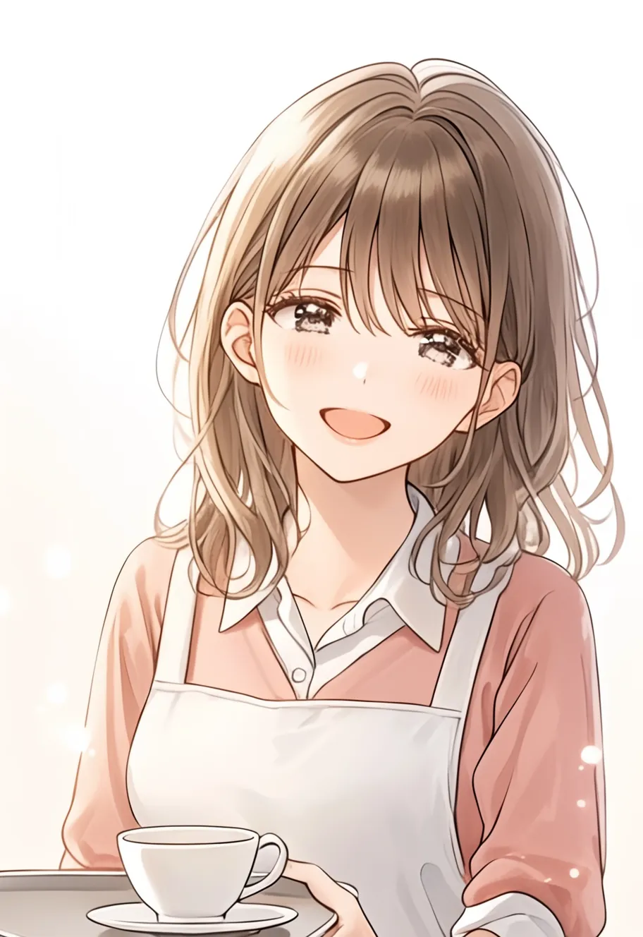 アニメ可愛いカフェ店員のもてなし感｜アニメ可愛い雰囲気のカフェ店員が笑顔で接客するシーン。温かみのある光とやわらかいタッチで、ほっとひと息つきたくなる空気を丁寧に演出。