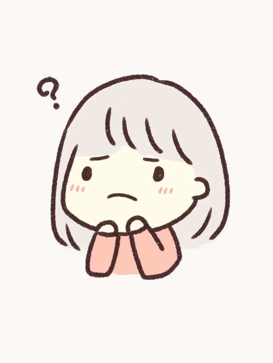 不安な顔の白髪の少女｜パステル調の淡い色彩が柔らかい印象を与える。両手を頬に添えて困惑した表情が、不安な顔の感情を穏やかに表現。全体にふんわりとした温かみのある仕上がり。