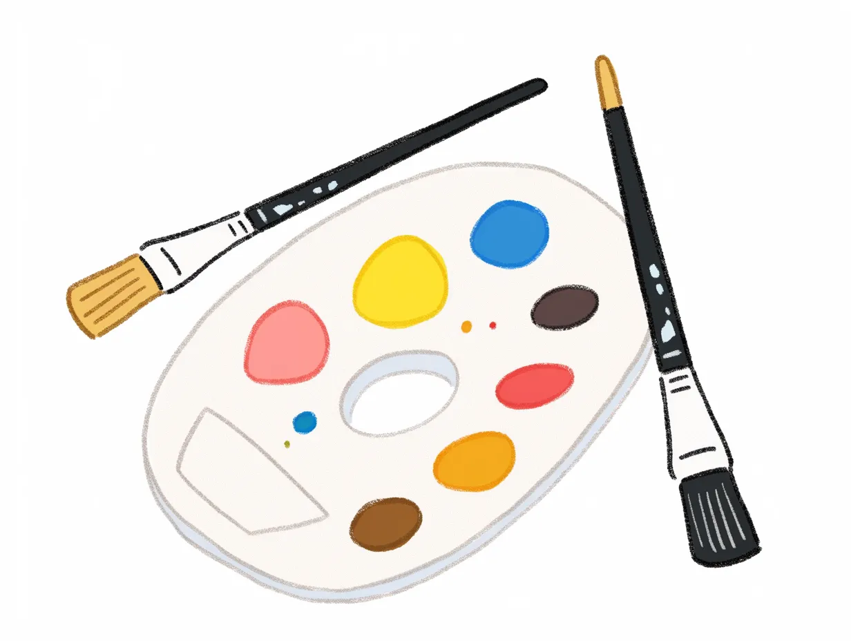 美術のためのパレットと筆｜ナチュラルな色合いの絵の具パレットと筆が組み合わさったイラスト。美術の制作風景を表現するシンプルながらリアルなタッチで、落ち着いた印象を与える。