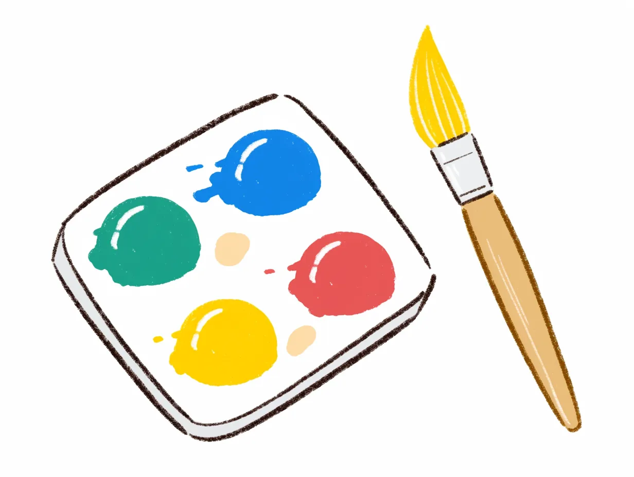 美術のためのシンプルな絵の具セット｜四色の絵の具が並んだパレットと筆のイラスト。手描き風のやわらかなタッチが特徴で、美術の創作を楽しく表現。シンプルながらも温かみのある色彩が魅力。