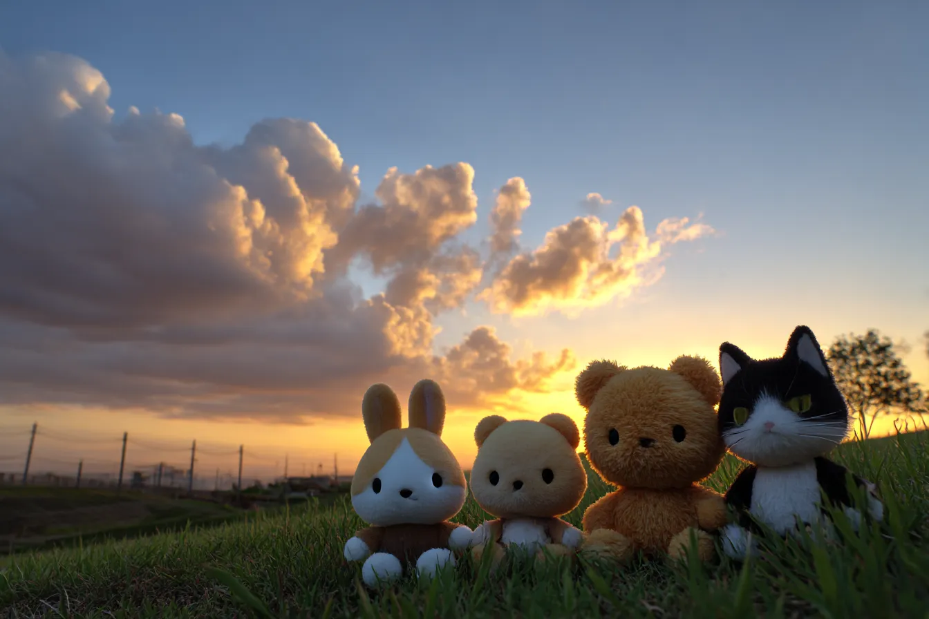 ぬいぐるみと夕空のかわいい背景｜ぬいぐるみたちが夕暮れ時の空を背に並んでいるシーン。温かみのある色合いで、まるで絵本の中に登場しそうなキャラクターたちが、穏やかな気持ちを引き出してくれるような「かわいい背景」が広がっています。