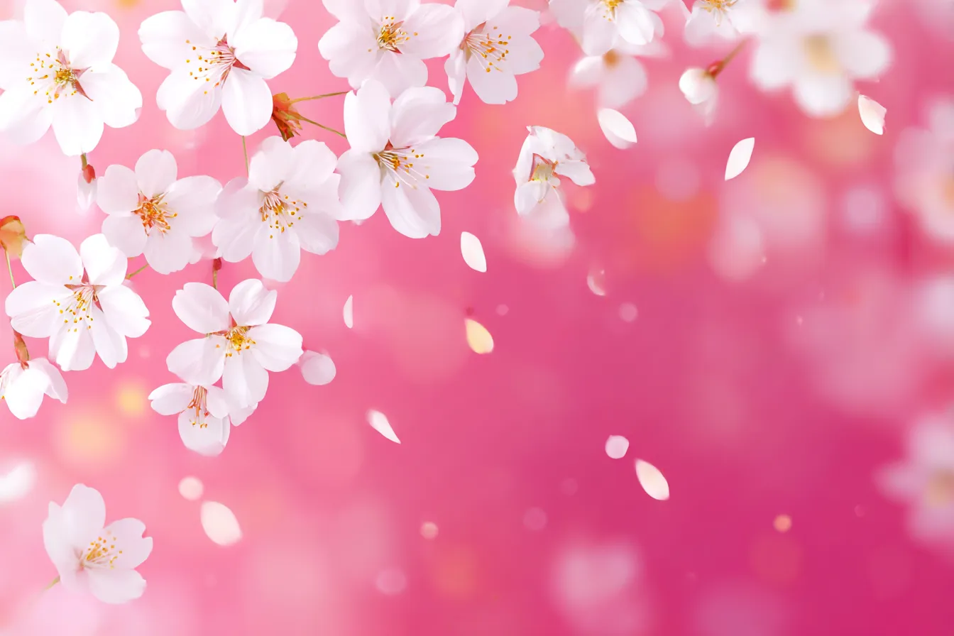 ピンク色の花と舞う花びら｜ピンク色の背景に桜の花が咲き、花びらが舞う美しいシーンが印象的で、春の柔らかさが感じられる背景です。