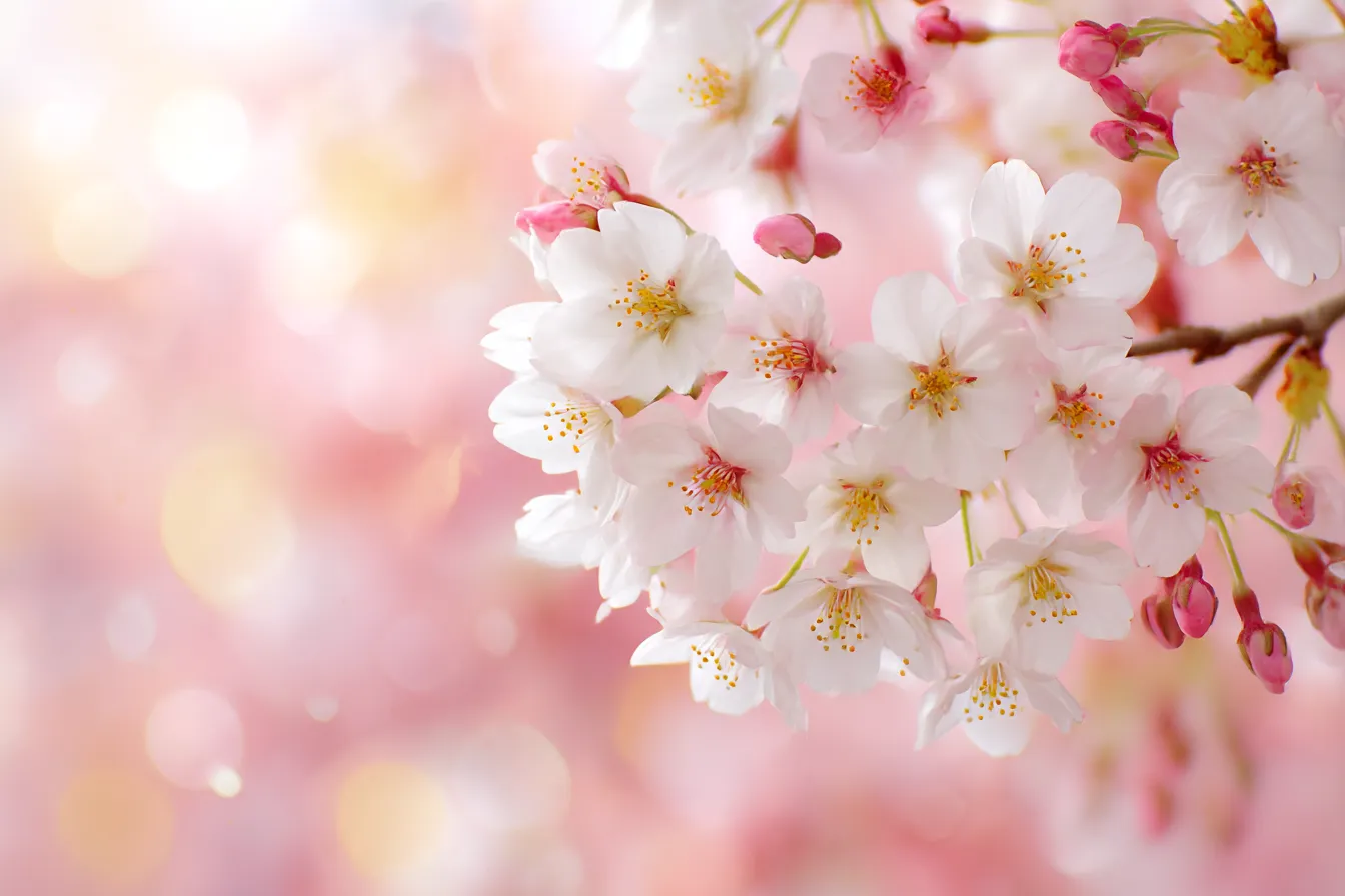 桜の花とピンクの背景｜桜の花が咲き乱れ、背景のピンク色が花の美しさを引き立て、明るく優雅な雰囲気を作り出しています。