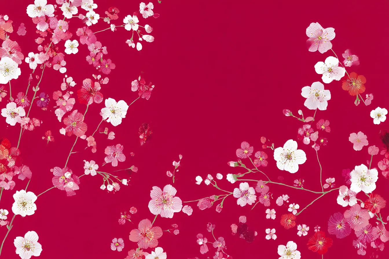赤い背景と桜の花々｜赤い背景に桜の花々が鮮やかに広がり、情熱的な印象を与えるデザイン。背景に華やかさを加え、視覚的に引き込まれます。