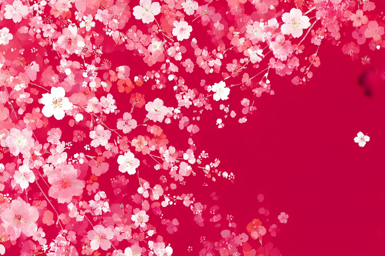 赤の背景と桜の花｜赤い背景に浮かぶ桜の花が、エネルギッシュでありながら優雅さを感じさせ、見る者を魅了する美しいデザインです。