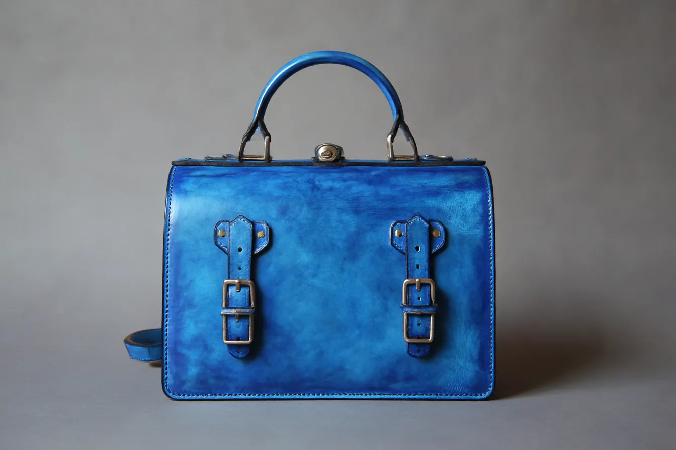 青の革バッグ｜青い革のバッグが映えるシンプルな背景。光沢感があり、静かな高級感を漂わせつつも、色の深さが青の豊かな表情を見せています。