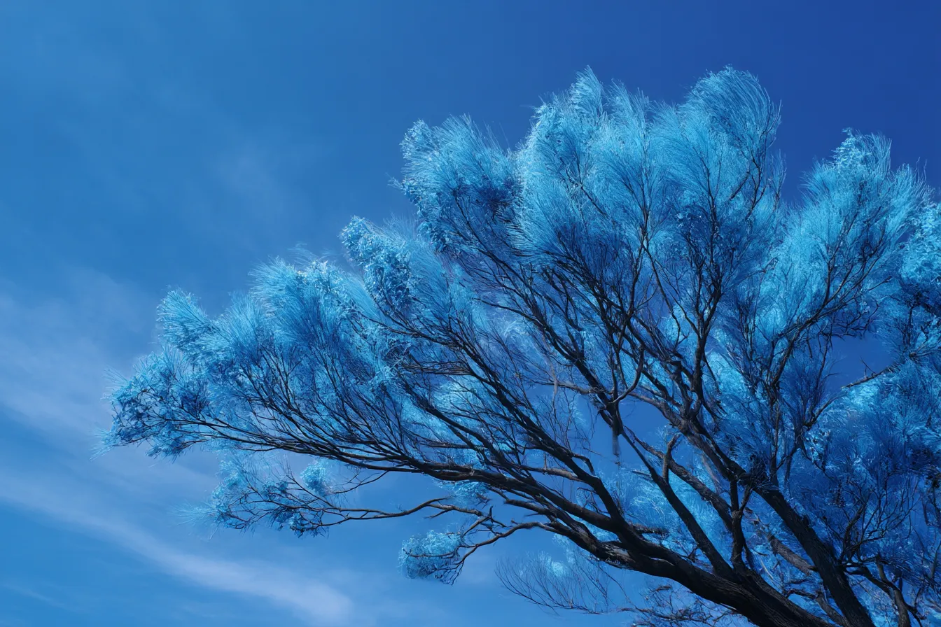 青の木々｜青い色を帯びた不思議な木々の風景。幻想的な世界観を演出し、青空の下での異世界感が漂う背景です。自然の力強さと神秘性が感じられます。