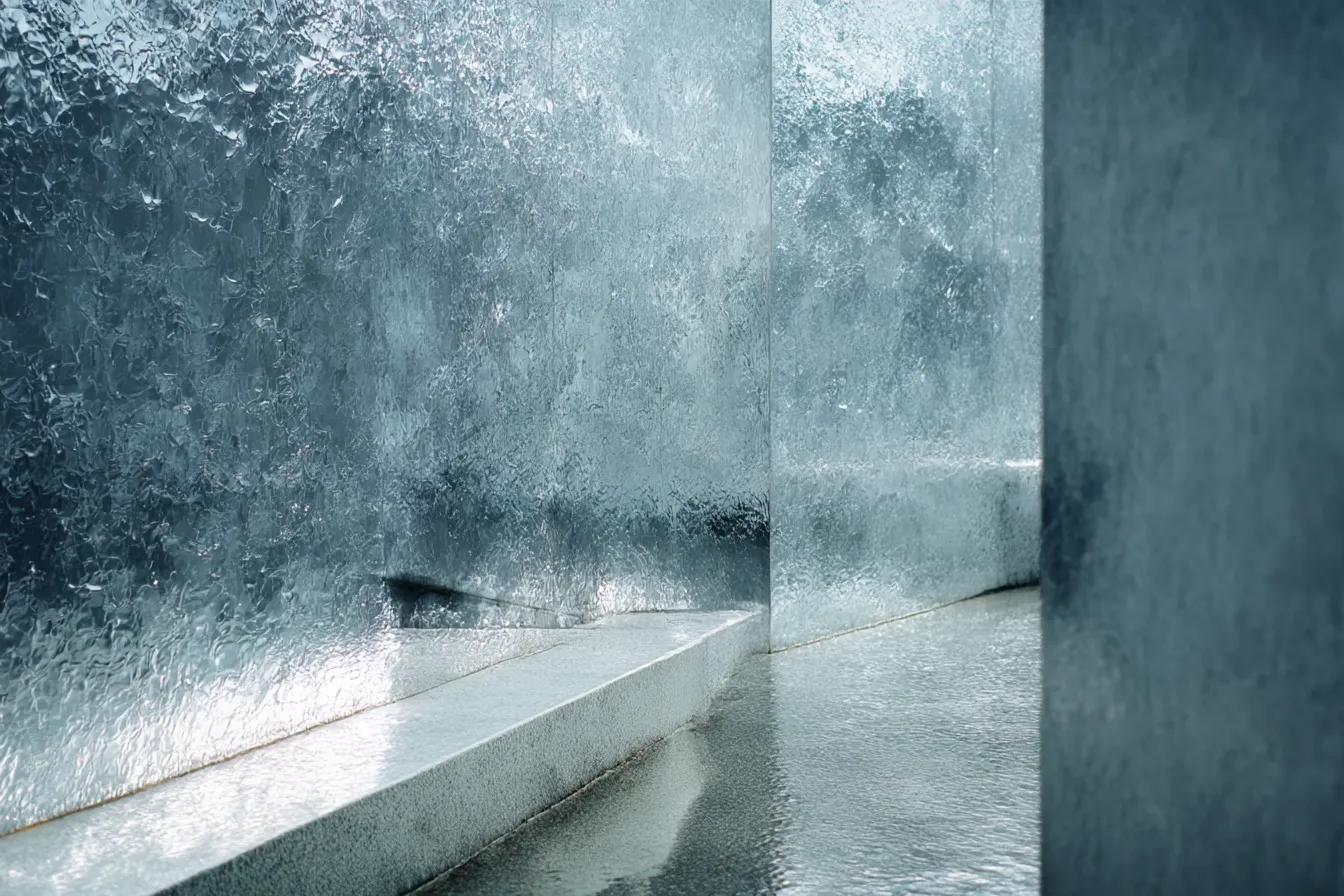 銀色の空間背景｜銀色の表面が複雑に反射する空間。洗練されたデザインが冷たさと未来感を感じさせ、抽象的でモダンな印象を与えます。