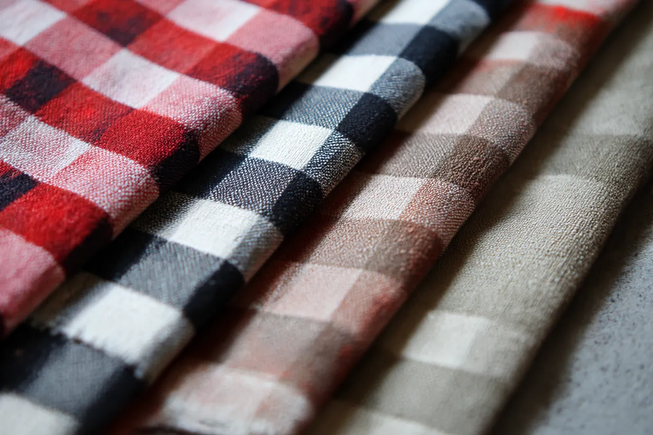 チェック柄の布地1｜チェック柄の布地が並んでいる鮮やかな写真。色鮮やかな赤と白の組み合わせが目を引き、視覚的に力強いインパクトを与えます。生地の「背景」は、軽やかな質感が感じられる仕上がりとなっています。