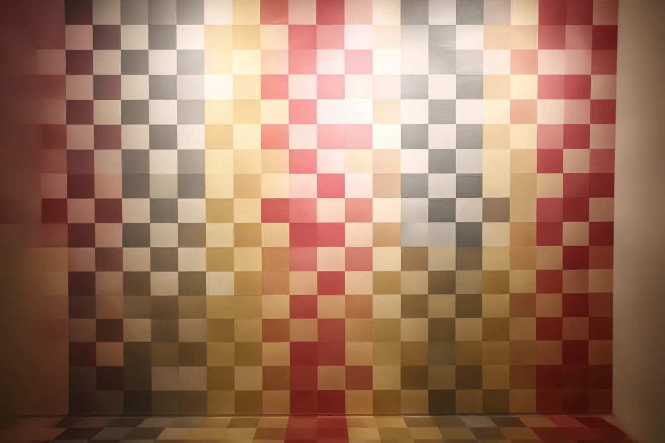 チェック柄の壁紙｜多彩な色のチェック柄が背景を形成しており、柔らかなトーンで色合いの変化が心地よい空間を作り上げています。色の「チェック」は、このデザインの個性を引き立て、穏やかな雰囲気を醸し出します。