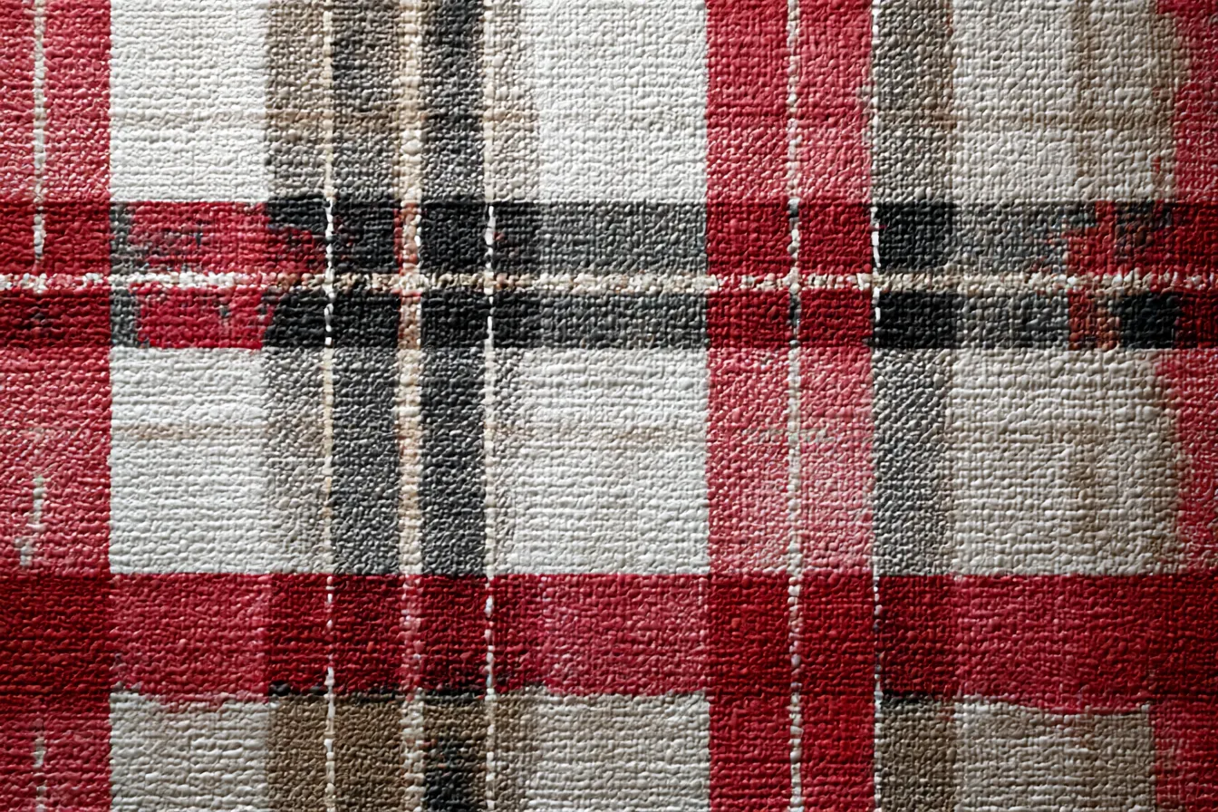 チェック柄の布地2｜クラシックなチェック柄が印象的で、赤、黒、白がしっかりと調和して見えます。布地の「背景」に浮かぶ細かなディテールが、全体的な深みを与えているのが特徴です。