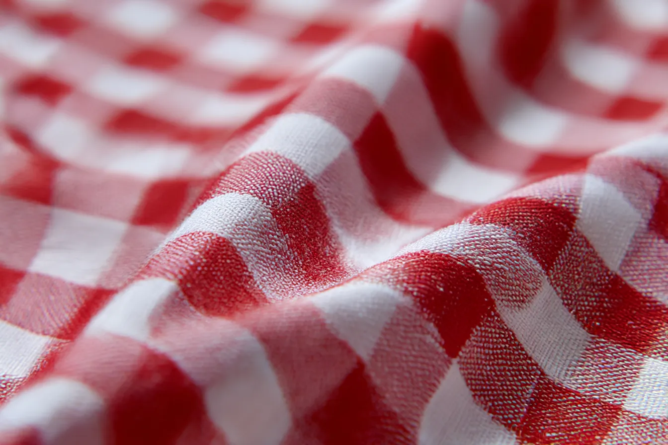 チェック柄の布地3｜赤と白のコントラストが際立ったチェック柄の布地。布地の「背景」によって、このシンプルなデザインが優れたアクセントとなり、視覚的に注目を集めます。