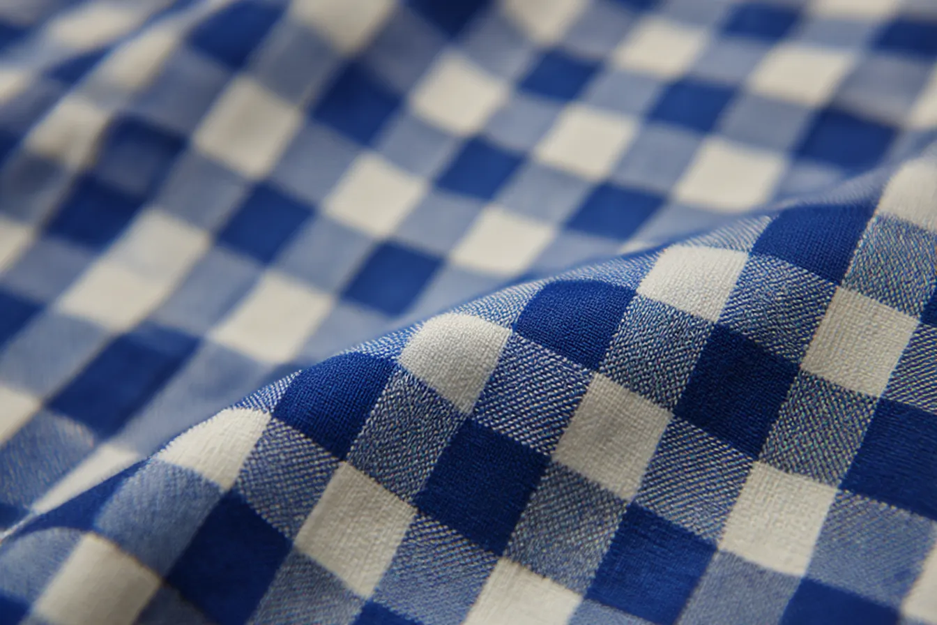 青いチェック柄の布地｜清潔感ある青と白のチェック柄。柔らかい生地感と細かなディテールが「チェック」を引き立て、鮮やかさが際立っています。静かな美しさを感じさせるデザインです。