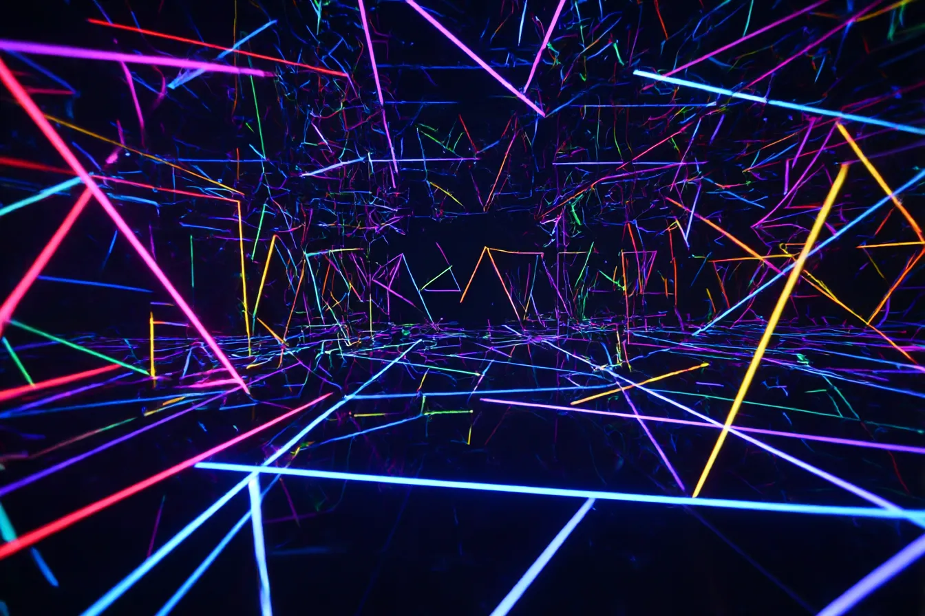 ネオンライト空間背景｜ネオンライトが空間に広がるように描かれ、暗闇の中で光を放つ様子が魅力的です。洗練された「ネオン」が、未来的でサイバーパンク的な雰囲気を強調しています。