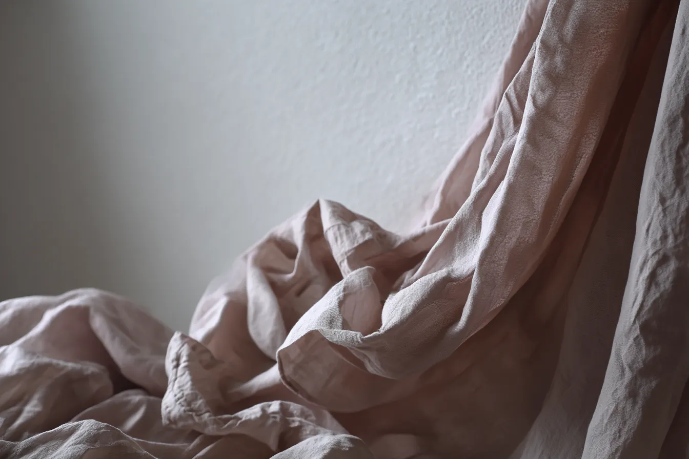 布の風景4｜淡いピンク色の布が優しく流れ、シンプルで穏やかな空間を作り出します。柔らかな素材感が背景に溶け込むように感じられます。