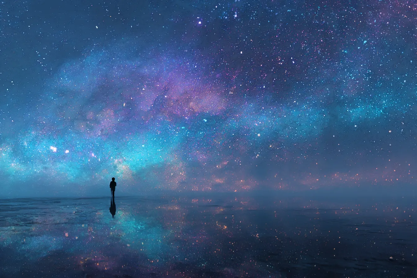 宇宙の風景1｜広がる銀河の美しい色合いが宇宙を感じさせる幻想的な背景。反射した星々が幻想的で、深い宇宙の広がりを感じさせます。