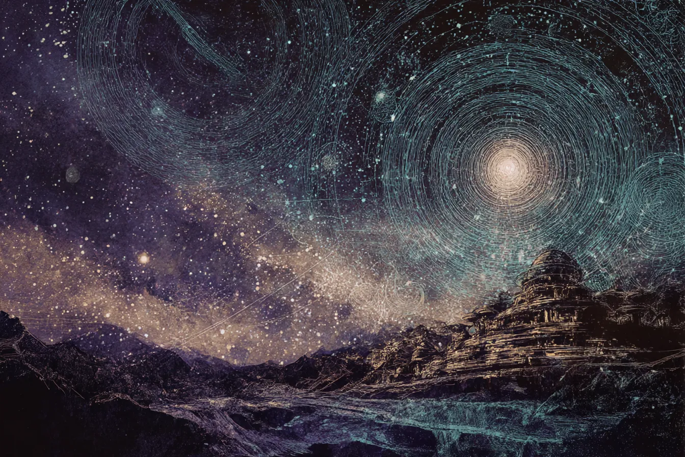 宇宙の幻想的な風景｜渦を巻く星々と幻想的な風景が組み合わさったビジュアルで、深い色合いが「宇宙」の広がりを強調し、夢幻的で抽象的な空間を生み出しています。