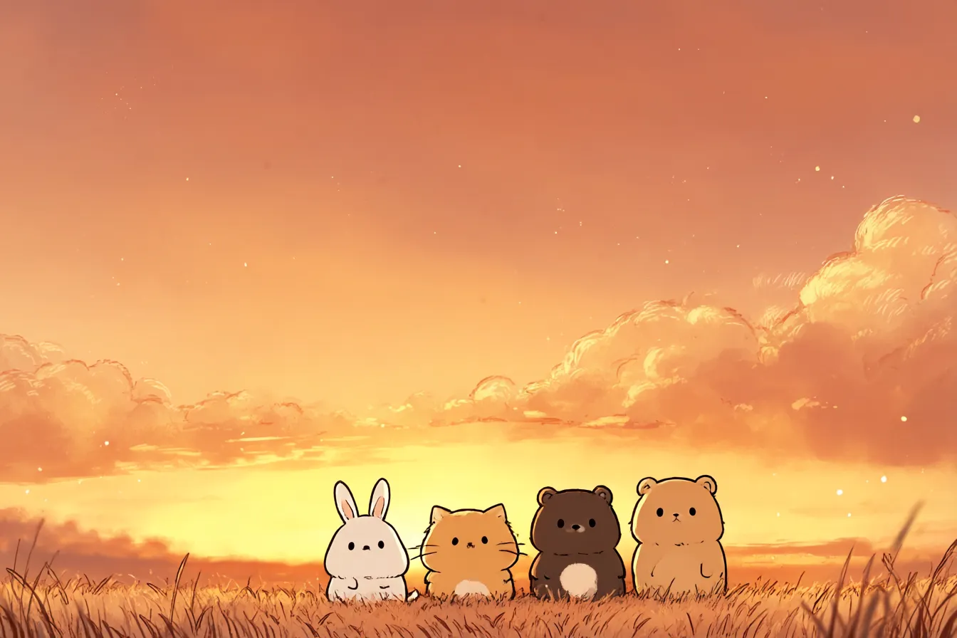 ファンタジー風の動物たちとかわいい背景｜このイラストには、四匹の小さな動物たちが柔らかな夕焼け空を背景に並んでいる。絵本のような色彩で描かれ、動物たちの可愛らしさが際立つ「かわいい背景」が心地よさを感じさせます。